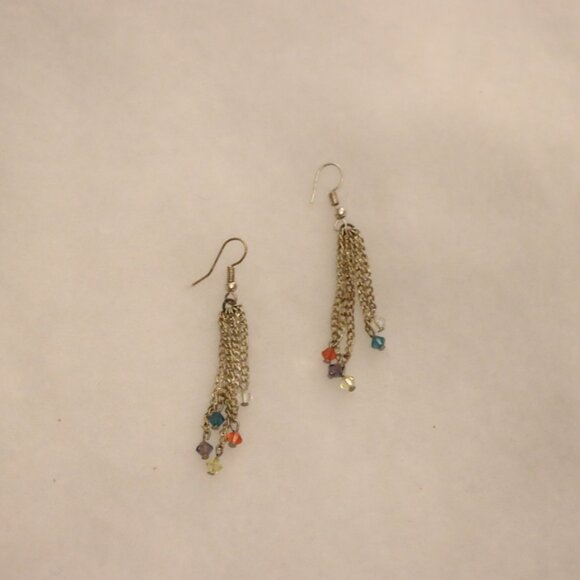 Dangle drop chain link earrings, rainbow colorful fun beads on chain ends - Picture 4 of 7